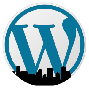 The WordPress logo set against a city skyline, representing the intersection of technology and urban life.