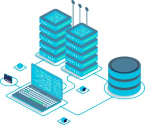 A laptop and a server connected to a cloud, symbolizing cloud computing solutions by Nexcess.